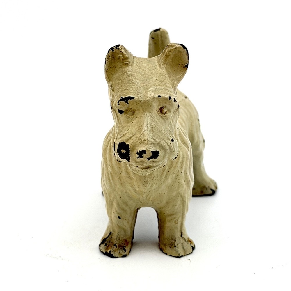 Vintage Cast Iron Scottish Terrier Figurine Cream Chippy Paint Scottie Dog